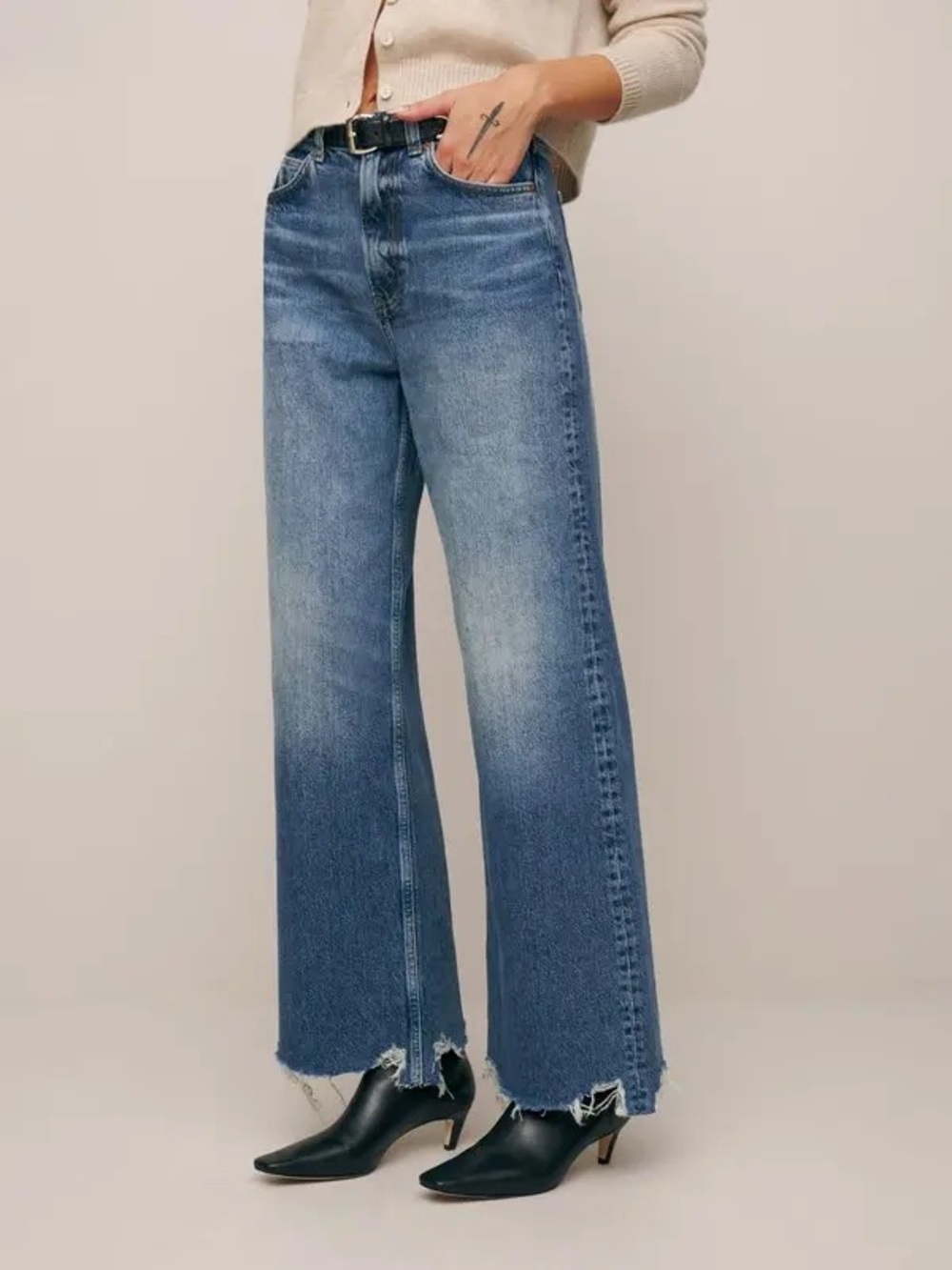 Reformation Cary High Rise Slouchy Wide Leg Cropped Jeans in Hemlock Raw Hem